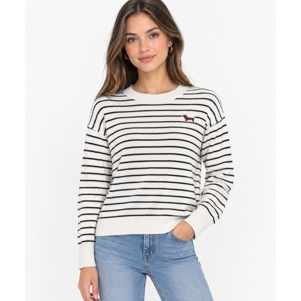 Calligraphie by Anthropologie Striped Dachshund Women's Sweater Top Size L NWT